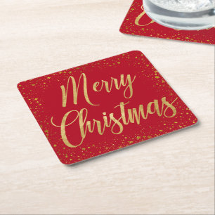 Elegante Merry Christmas Red & Gold Script Stars Vierkante Kartonnen Onderzetter