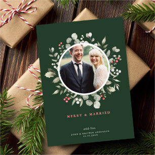 Elegante Merry & Married Groene Krans Foto Feestdagenkaart