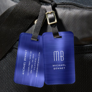 Elegante, met monogram gegraveerde, marineblauwe m bagagelabel