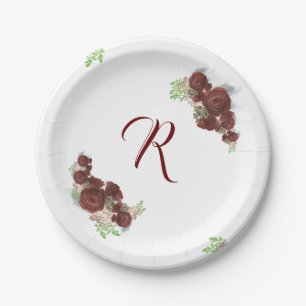 Elegante met monogram gesigneerde bordeauxrode roz papieren bordje