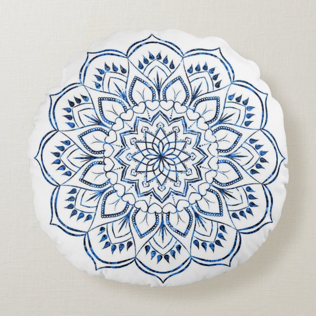Elegante metallic blauwe mandala decoratief rond kussen (Voorkant)