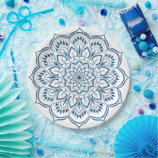 Elegante Metallic Blauwe Mandala Siervoorwerp Papieren Bordje (Feest)