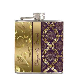 Elegante Metallic Paarse & Gouden Damasks en Kant Heupfles