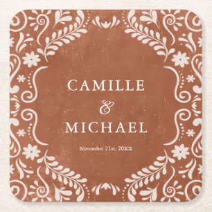 Elegante Mexicaanse bruiloft Papel Picado Onderzet Vierkante Kartonnen Onderzetter