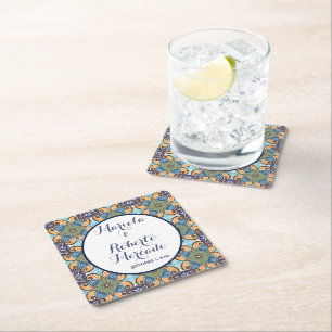 Elegante Mexicaanse Floral Talavera bruiloft Vierkante Kartonnen Onderzetter