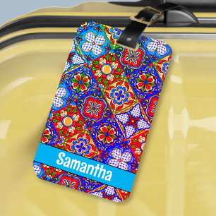 Elegante Mexicaanse talavera rood blauw paarse teg Bagagelabel