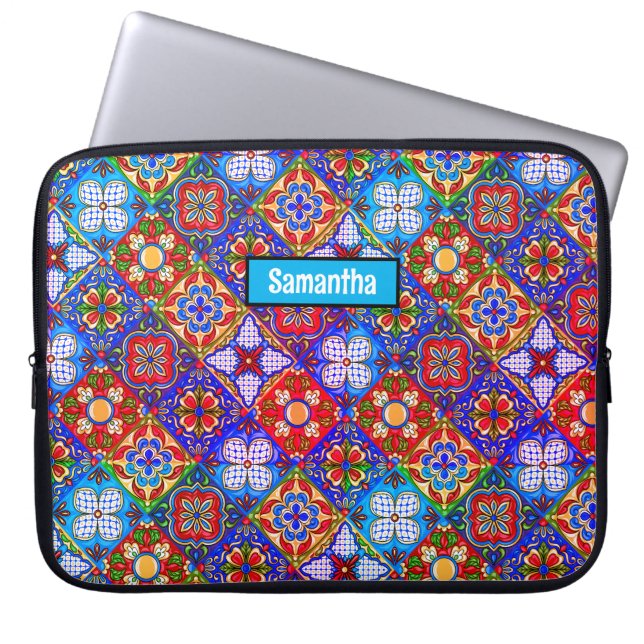 Elegante Mexicaanse talavera rood blauw paarse teg Laptop Sleeve (Voorkant)