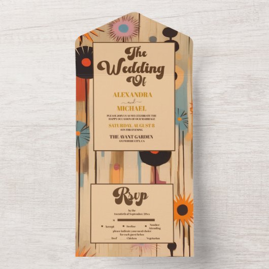 Elegante Mid Century bloemenbruiloft All In One Uitnodiging (Binnen)