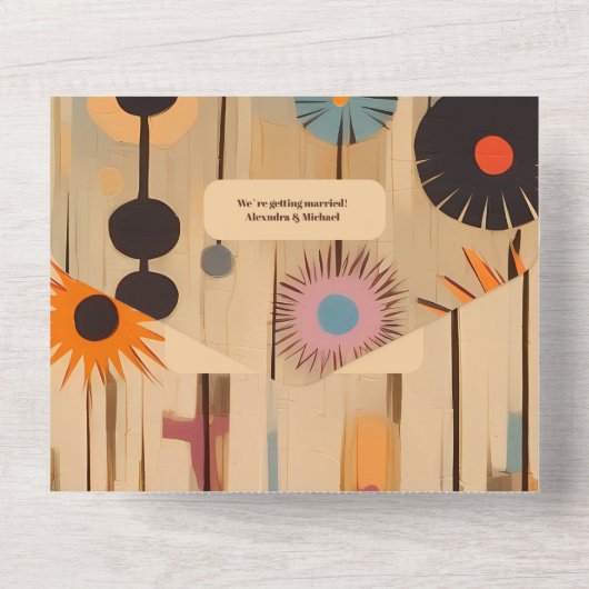 Elegante Mid Century bloemenbruiloft All In One Uitnodiging (Achterkant)