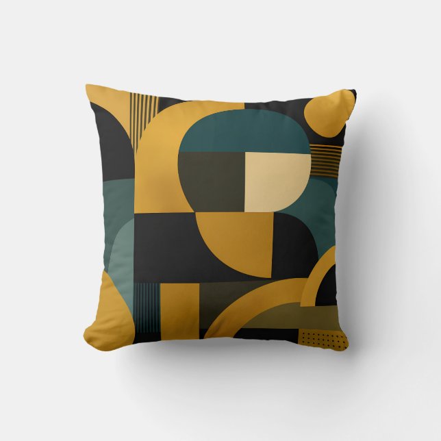 Elegante mid-century moderne gouden en turquoise g kussen (Voorkant)