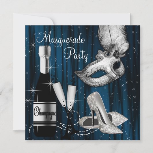 Elegante Middernachtblauwe Maskerade Feest Kaart (Voorkant)