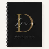 Elegante Midnight Black Mossy Goud Schrift Monogra Notitieboek (Voorkant)