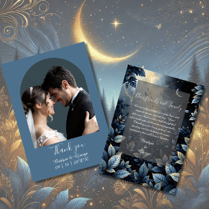 Elegante Midnight Blue en Gold Forest bruiloft Bedankkaart