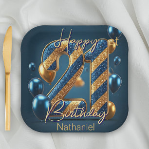 Elegante Midnight Blue & Gold Gestreepte 21e Verja Papieren Bordje