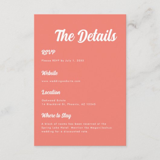 Elegante Minimal Coral Pink Script Wedding Details Informatiekaartje (Voorkant)