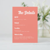Elegante Minimal Coral Pink Script Wedding Details Informatiekaartje (Staand voorkant)