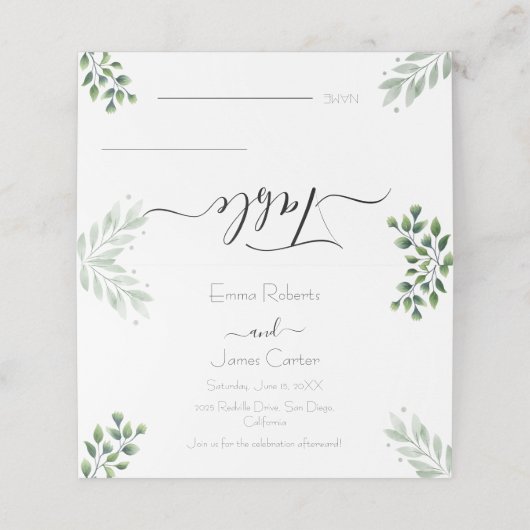 Elegante Minimal Greenery Wedding Place-kaarten (Buitenkant ongevouwen)
