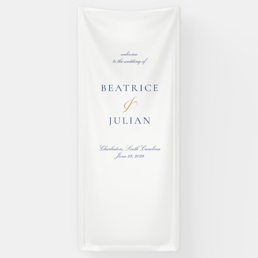 Elegante minimale blauw en wit bruiloft welkom spandoek (Verticaal)