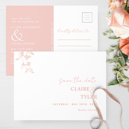 Elegante minimale, blush roze bruiloft opslaan van briefkaart