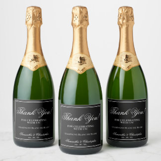 Elegante minimale bruiloft dank u wit op zwart sparkling wijnetiket