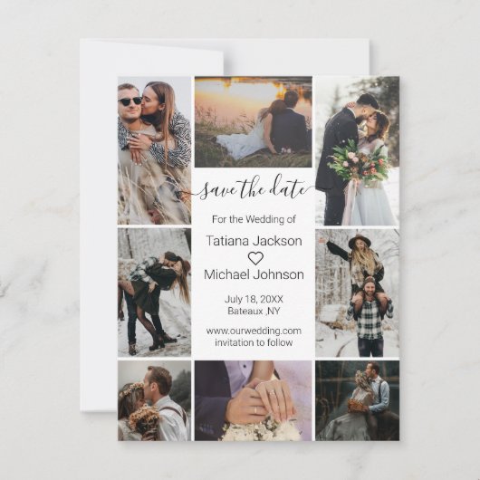 Elegante minimale eenvoudige kalligrafie 8 foto's save the date (Voorkant)