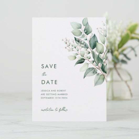 Elegante minimale eucalyptus groen bruiloft save the date (Staand voorkant)