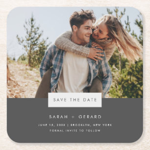 Elegante minimale foto bruiloft Bewaar de datum Vierkante Kartonnen Onderzetter