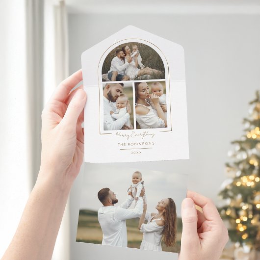 Elegante minimale gouden lijn boog 3-foto all in one uitnodiging