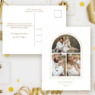 Elegante minimale gouden lijn boog 3-foto folie feestdagen briefkaart