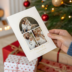 Elegante minimale gouden lijn boog 3-foto folie feestdagenkaart