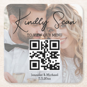 Elegante minimale QR code bruiloft menu foto Vierkante Kartonnen Onderzetter