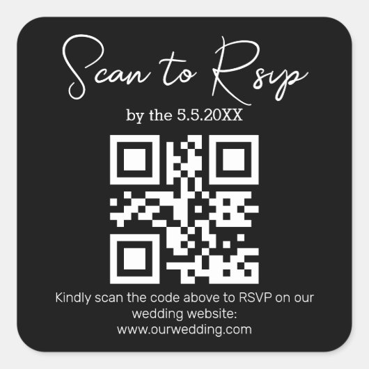 Elegante minimale RSVP QR code bruiloft zwart wit Vierkante Sticker (Voorkant)
