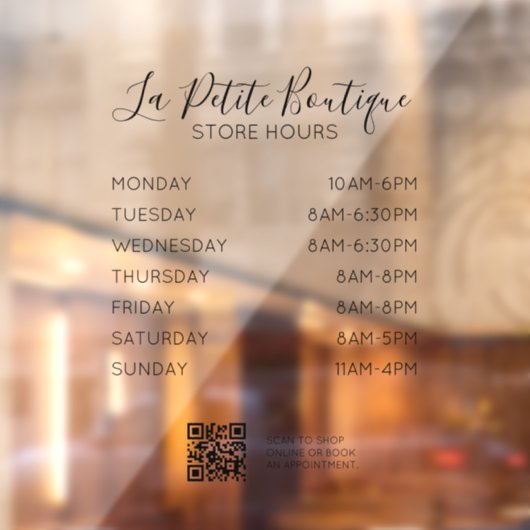 Elegante minimale Script Store Uren QR-code Raamsticker (Vel 2)