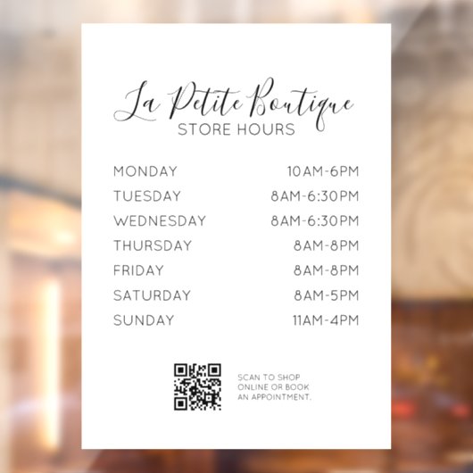Elegante minimale Script Store Uren QR-code Raamsticker (Vel 2)
