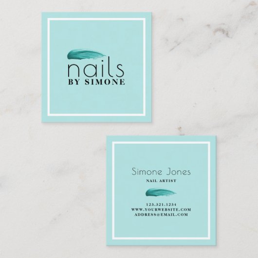 Elegante minimale turquoise nagellakslag vierkante visitekaartje (Voorkant / Achterkant)