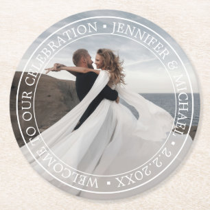 Elegante minimale typografie welkom trouwfoto ronde kartonnen onderzetter