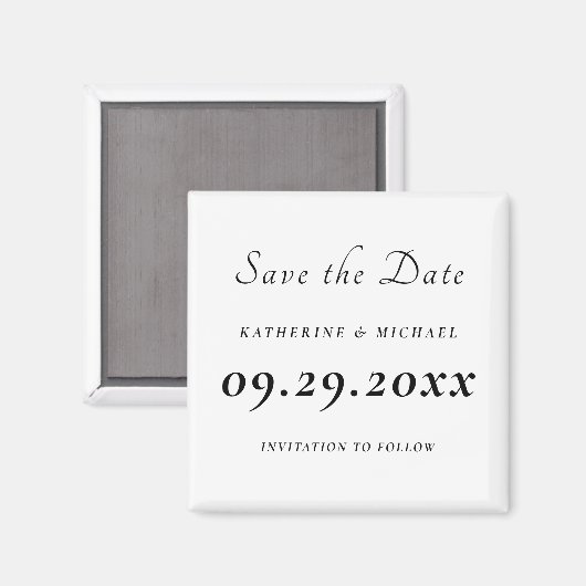 Elegante minimale witte bruiloft save the date magneet (Voorkant / Achterkant)