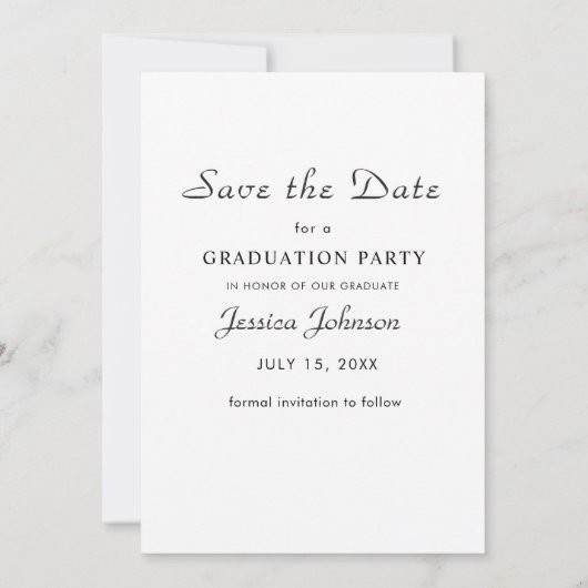 Elegante minimalistische afstudeerfeest foto save the date (Achterkant)