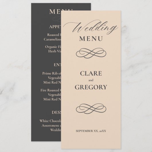 Elegante minimalistische amandelgrijze bruiloft menu (Voorkant / Achterkant)