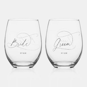 Elegante minimalistische bruid en bruidegom wijnglas zonder voet