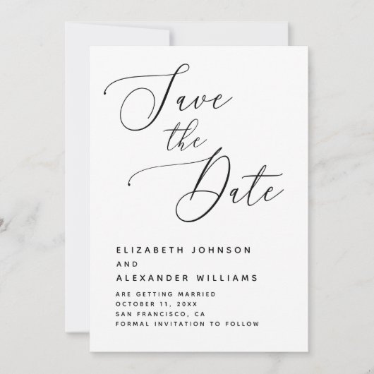 Elegante minimalistische bruiloft. Zwart-witscript Save The Date (Voorkant)