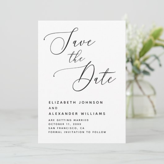 Elegante minimalistische bruiloft. Zwart-witscript Save The Date (Staand voorkant)