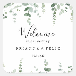Elegante minimalistische eucalyptus bruiloft welko vierkante sticker