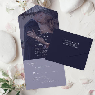 Elegante minimalistische foto navy witte bruiloft all in one uitnodiging