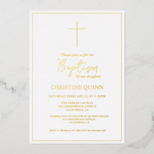 Elegante minimalistische gouden doop & doop folie uitnodiging (Voorkant)