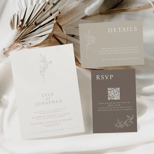 Elegante minimalistische ivoor & taupe bloemenbrui kaart