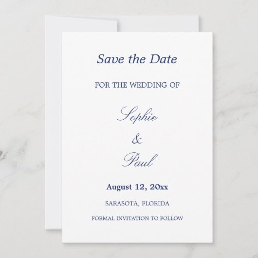 Elegante minimalistische marine blauwe bruiloft Sa Save The Date (Voorkant)