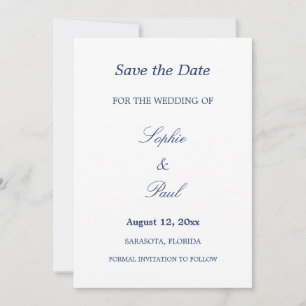 Elegante minimalistische marine blauwe bruiloft Sa Save The Date