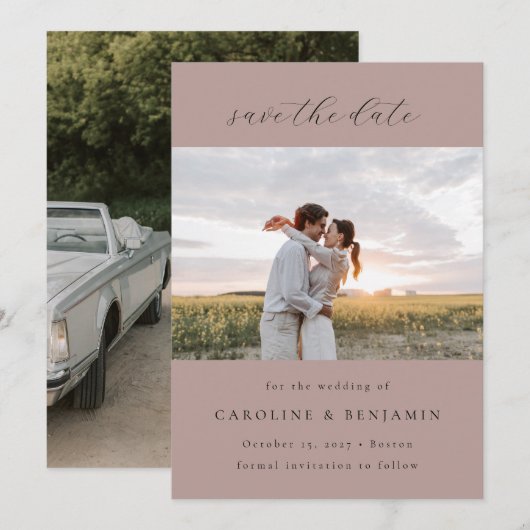 Elegante Minimalistische Mauve Scriptie Trouw Twee Save The Date (Voorkant / Achterkant)