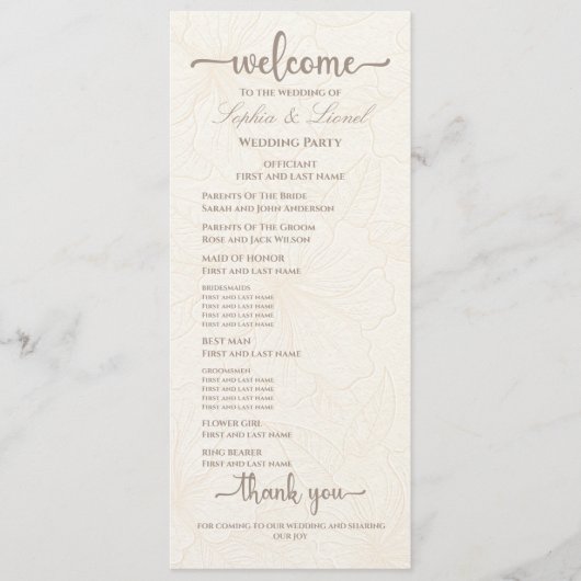 Elegante minimalistische off witte bloemenbruiloft programma (Voorkant)